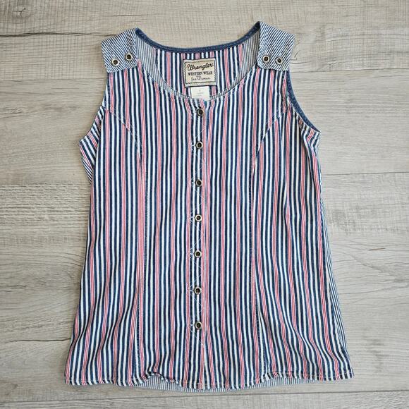 VTG Wrangler Western Wear Blue/Red White Striped Denim Tank 100% Cotton WMNS S - Picture 3 of 5